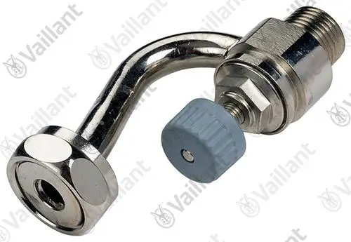 Vaillant Anschlussstück für Kaltwasser, mit gebogenem Rohr und einem blauen Regelknopf. Metallische Oberfläche, geeignet für Heizungs- oder Wasserinstallationen.